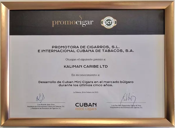 „Калиман Карибе“ с отличие за успешно развитие на брандовете Cuban Minis Cigars